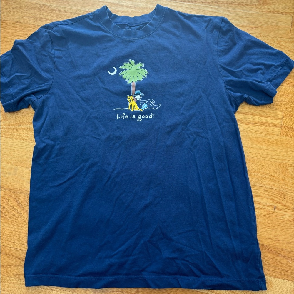 Life Is Good Navy T-shirt Tee Jake and Rocket Palm Tree moon size S Casual